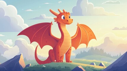 Cartoon dragon in a minimalist fantasy landscape, clean lines, simple forms, and negative space highlighting the mythical world., ,