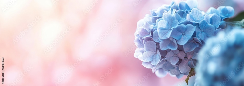 Poster A close-up of delicate blue hydrangea flowers against a soft, blurred background.