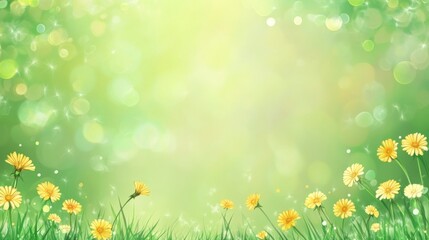Obraz premium A serene background featuring yellow flowers on a green field with a soft bokeh effect.