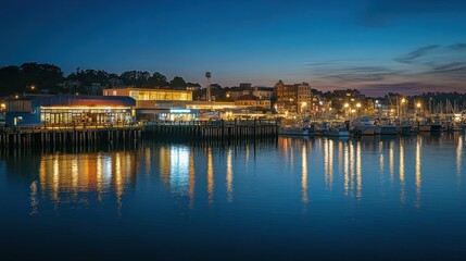 Naklejka premium A serene waterfront scene at dusk with illuminated buildings and boats reflecting on the water.