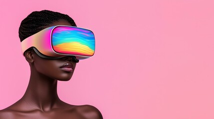 Person wearing colorful VR headset against pink background, exploring virtual reality in vibrant, futuristic style.
