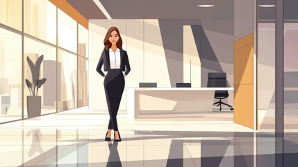 Obraz premium Minimalist cartoon businesswoman in a sleek office, clean lines and simple geometric shapes, lots of negative space., ,