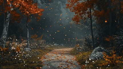 Fototapeta premium Tranquil Autumn Pathway, a peaceful forest trail adorned with gently falling leaves, inviting reflection and connection with nature