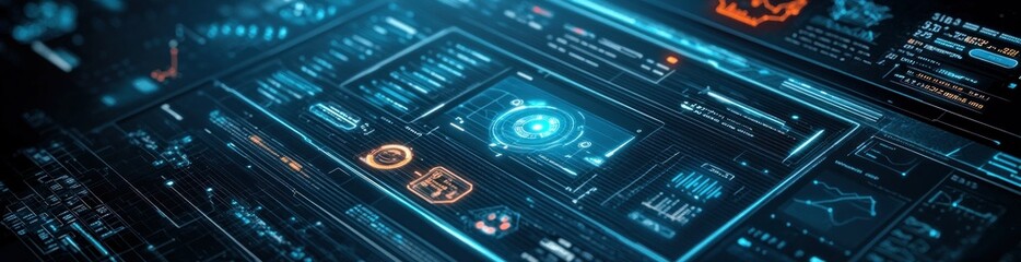 Obraz premium Futuristic digital interface displaying data analytics and graphical representations.