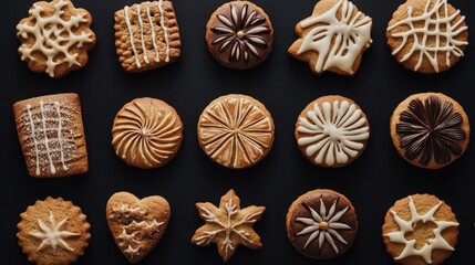 Fototapeta premium Christmas and New Year cookies on black background. AI generated illustration.