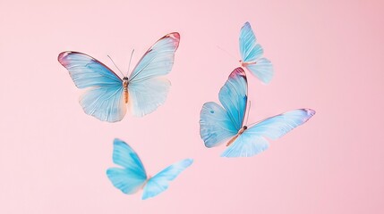   Three Blue Butterflies flying over a Pink Background, surrounded by a few more