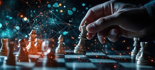 A hand moves a chess piece on a board amidst a dynamic, digital background.