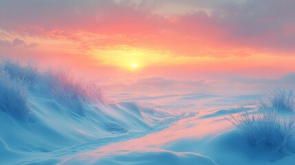Fototapeta premium Serene Winter Sunrise Over Snowy Landscape, soft pastel hues blending with tranquil scenery, evoking peace and beauty of nature's dawn.