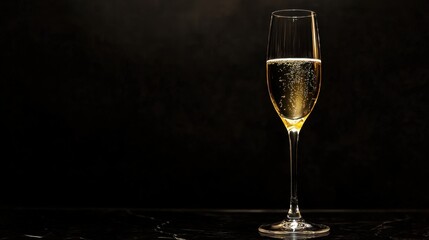 A solitary empty glass of champagne, beautifully crafted, against a rich black background, evoking a sense of luxury and anticipation