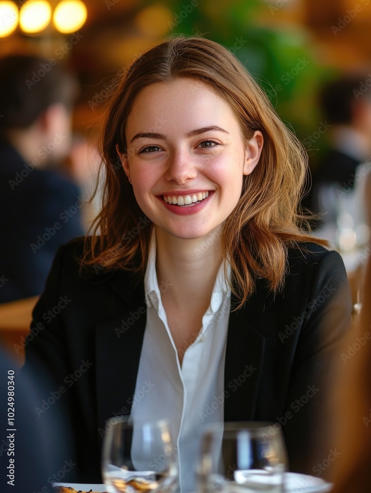 Sticker Smiling Woman in Blazer at Restaurant