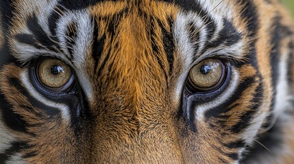   A tiger's face close-up in focus, with stripes in shades of brown and black