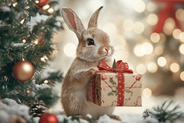 Cute bunny holds wrapped Christmas gift decorated box on white snow. Red and gold ornaments Christmas tree background with white ribbon. Light brown rabbit with white paws and ears