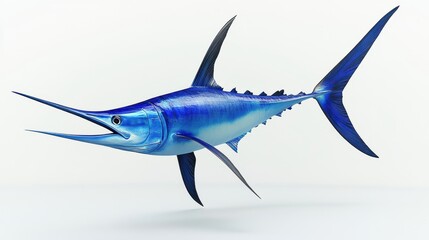 Fototapeta premium A vibrant blue marlin swordfish mid-jump, showcasing its sleek body and distinctive features, isolated against a clean white backdrop