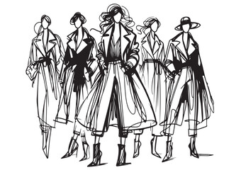 Stylish fashion models. girls Sketch in coat, winter outfit