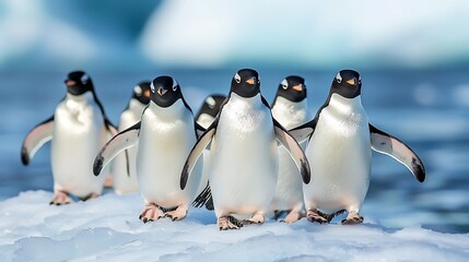 Obraz premium Adelie penguins walking on icy surface, white isolate background