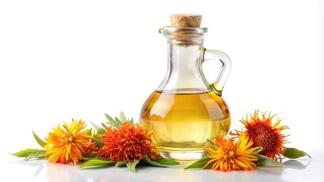 bottle of safflower oil on white background with forced perspective