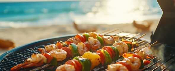 Grilled shrimp and vegetable skewers on a beachside barbecue with a scenic backdrop.