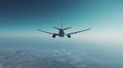 Naklejka premium Airplane flying over landscape, clear blue sky background