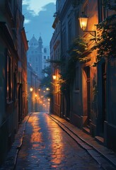 Fototapeta premium the narrow streets of the city, in the dark light, illuminated by street lamps