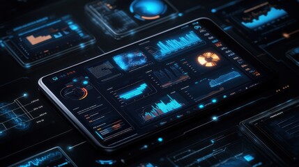 A digital tablet displaying advanced data analytics and visualizations.