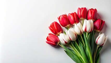 bouquet of red white tulips on white background minimalist