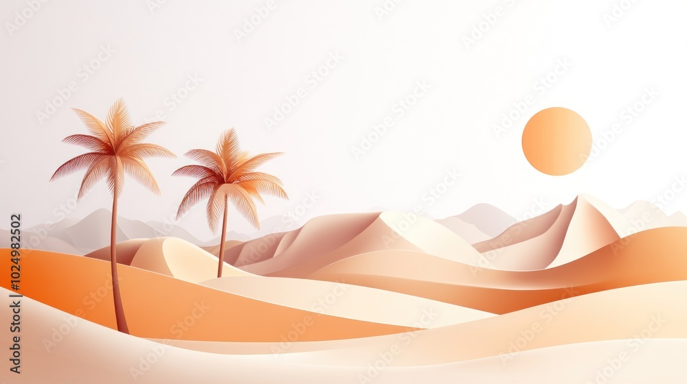 Sticker A serene desert landscape with stylized hills, palms, and a warm sun.