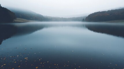 Fototapeta premium lake on a misty November morning, the water still and reflective, surrounded by fog-covered hills
