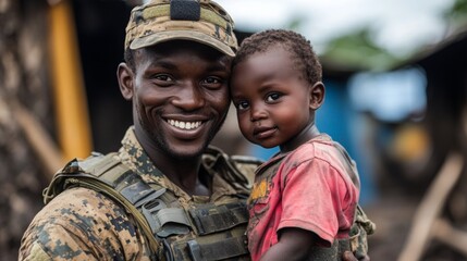 Fototapeta premium Soldier's Embrace in Conflict, a moment of joy amidst devastation, showcasing humanity's resilience in a war-torn landscape.