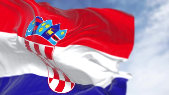 Close-up of Croatia national flag waving in the wind on a clear day