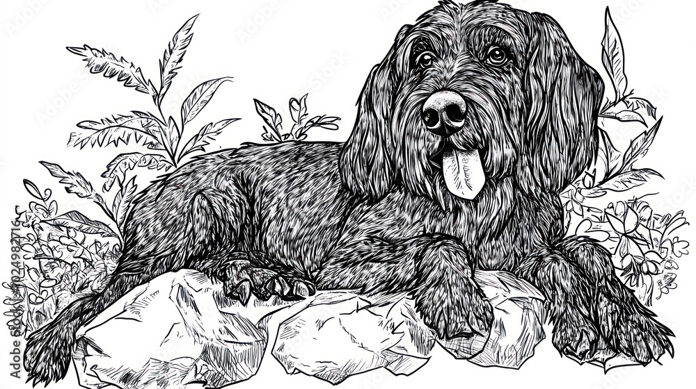 Canvas Prints A detailed line drawing of a dog resting on rocks, surrounded by plants.