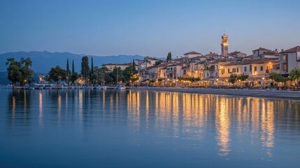 Fototapeta premium Scenic lakeside town at dusk with illuminated buildings reflecting on the water.