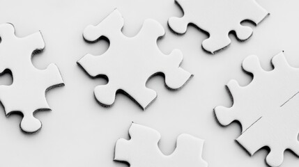 Obraz premium A close-up of several white puzzle pieces scattered on a light background.