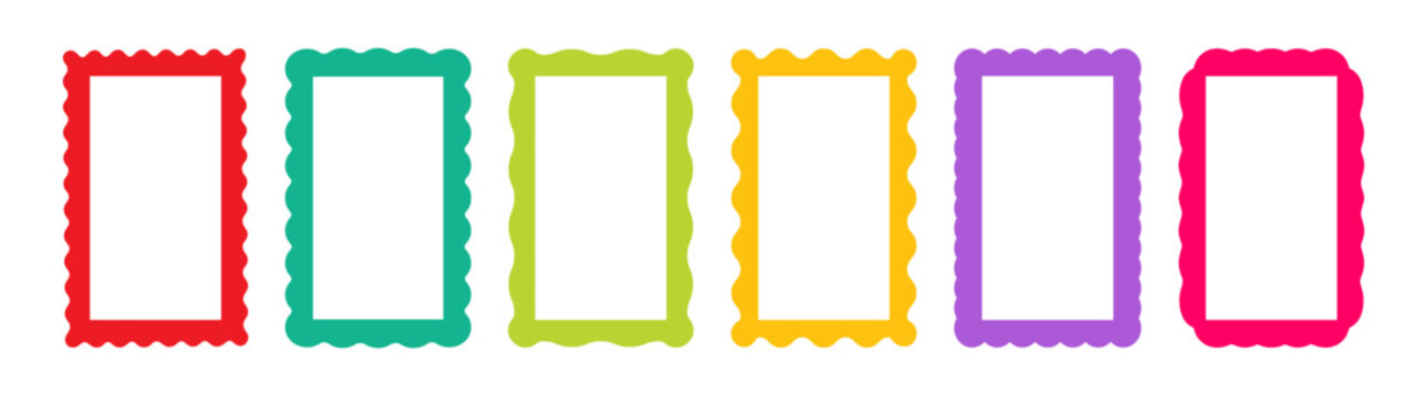 Set of rectangle frames with wavy edges. Zigzag wavy edges, rectangles, photo frames, text boxes, tags, labels.
