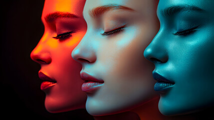 Fototapeta premium A group of three different colored faces with their eyes closed, AI