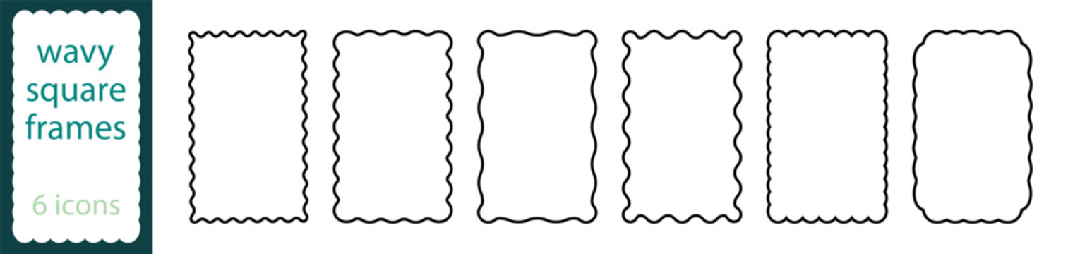Set of vertical rectangle frames with wavy edges. Mirror, picture or photo rectangle frames with wavy borders. 