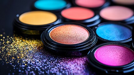A vibrant collection of colorful eyeshadows arranged in circular containers, with shimmering pigments scattered around.