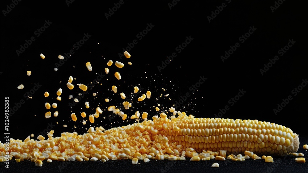 Poster A close-up of corn on the cob with scattered kernels against a black background.