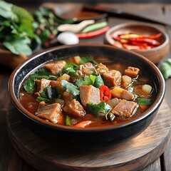 Delicious bowl of savory meat stew with herbs and spices.