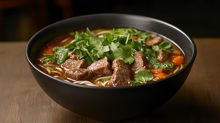Delicious bowl of beef soup with fresh herbs on a wooden table.