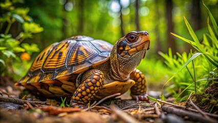 Obraz premium Box turtle navigating through forest underbrush macro