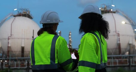 International Women's day Two female engineer wearing glossy green safety jacket and white helpment work at site of factory at night with digital tablet