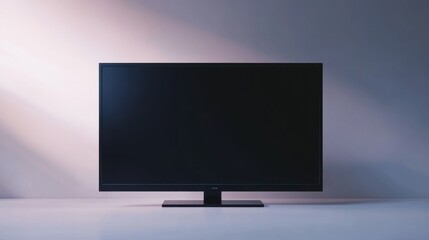 Fototapeta premium Blank black LED TV screen, standing out against a white background, perfect for technology-focused designs or presentations