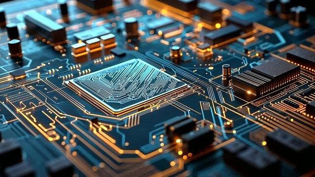 A 3D wireframe vector of a computer motherboard, with layers highlighting the circuits, processors, and invisible electrical pathways