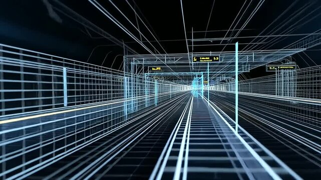A 3D wireframe vector of a train station, with layers separating the platforms, tracks, and invisible underground systems powering the trains