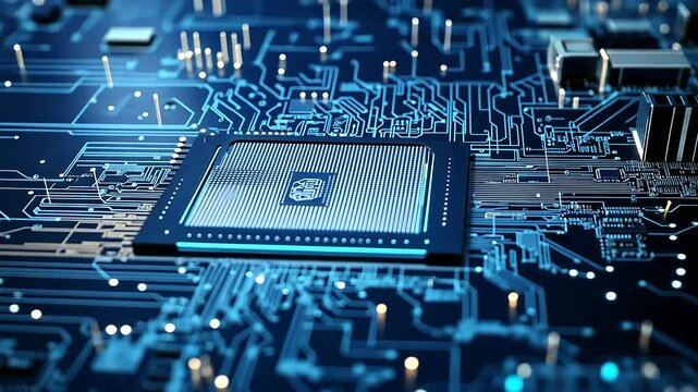 A 3D wireframe vector of a computer motherboard, with layers highlighting the circuits, processors