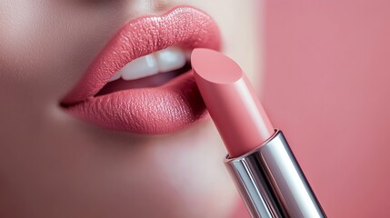 Obraz premium A close-up of lips applying a pink lipstick, featuring a smooth finish against a soft background, highlighting beauty and cosmetic application.