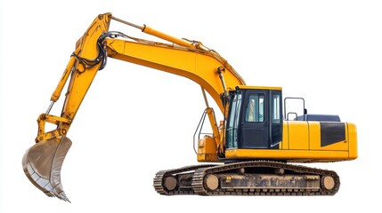 Bright yellow excavator machine, isolated on a white backdrop, focusing on its large mechanical arm and industrial capability