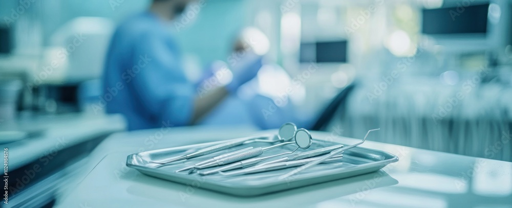 Wall mural Dental tools on a tray in a clinical setting with a patient in the background.