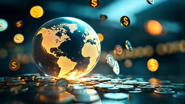 A glowing globe with vibrant continents sits on a foundation of coins, while currency symbols swirl in the air, representing international investments