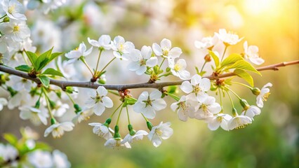 Obraz premium Branch of cherry tree with white flowers in garden, asymmetrical